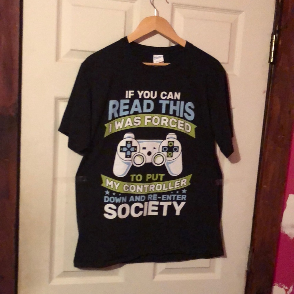 Forced To Put Down Controller and Re-Enter Society Black T-Shirt Mens Large L